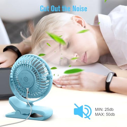 HONYIN 720° Rotation Small Desk, Hang & Clip on Fan by USB Plug In | Sturdy Clamp, 3 Speeds, Quiet Little Personal Cooling Fan for Bedroom Office Desktop Treadmill - color: Blue