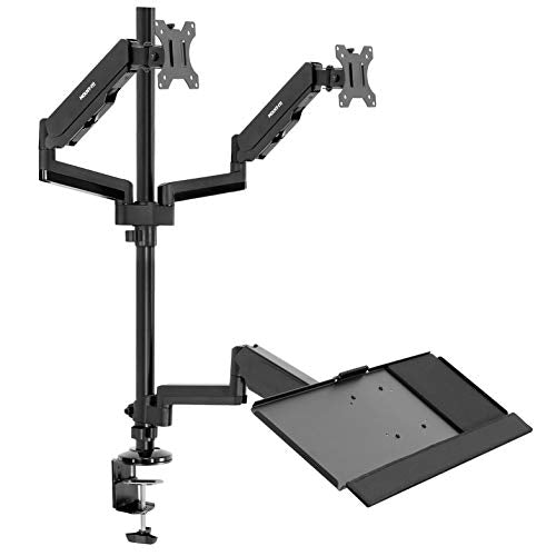 Mount-It! Dual Monitor Arm Desk Mount Sit-Stand Workstation with Keyboard Tray, Height Adjustable Gas Spring, Fits Two 17–32” Screens, 17.6 lbs Each, VESA 75x75 100x100, Clamp or Grommet (Black)