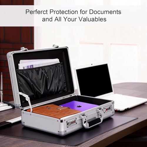 Locking Briefcase 15" File Organizer Storage Box, Portable with Dual Combination Locks, Durable Aluminum Alloy Frame for Cash/Documents, Ideal for Home/Office/Travel/Business