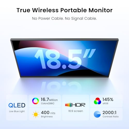 UPERFECT 18.5" 1080P 100Hz Wireless Portable Monitor with Battery 10000mAh | 145% sRGB QLED Gaming Monitor with Stand, Bag & VESA, Large Second Screen for Laptop, Computer, Phone, Game Consoles - size: 18.5"