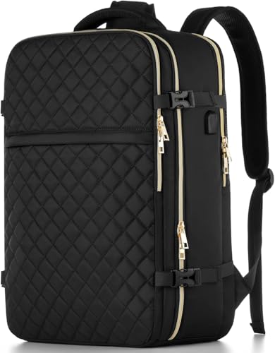 Large Travel Backpack Women, Flight Approved Carry On Backpack, Water Resistant Anti-Theft Casual Daypack School Bag Fit 17 Inch Laptop with USB Charging Port, Black - color: Black, size: 17.3 inch