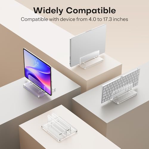 OMOTON Vertical Laptop Stand, Acrylic Single Holder for MacBook Gaming | Adjustable Width 0.87-2.24", Clear Acrylic Single Slot Stand for Desk, Compatible with MacBook Pro/Air HP Gaming up to 17" - size: Single-Clear