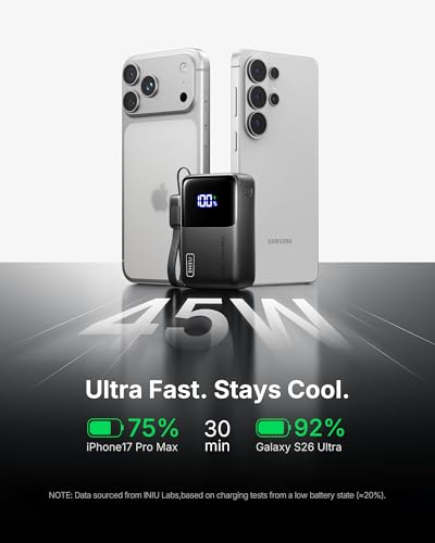 INIU Portable Charger, Ultra Mini 10000mAh 45W Fast Charging Power Bank | Flight-Safe, USB-C Cable, Travel Essential, 45W Battery Phone Pack for iPhone 17 16 Samsung S26 Google iPad etc - color: Black