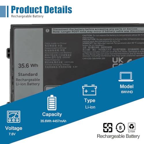 6WVHD Laptop Battery for Dell Latitude 7230 Rugged Extreme Tablet T06H001 | Compatible with Dell T06H Series, Replaces FNW8F 451-BDDY 0VDDJY VDDJY 0JM6CX JM6CX, 7.6V 35.6Wh 4457mAh replacement Battery - size: 4.13*2.48*0.39 inch 6WVHD
