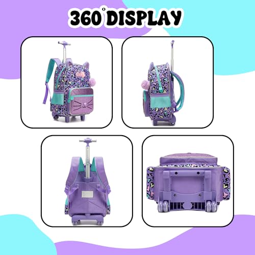 Meetbelify Backpack with Wheels for Girls Rolling Backpack Cute Carry on Backpack for Elementary Student - color: Cat Purple