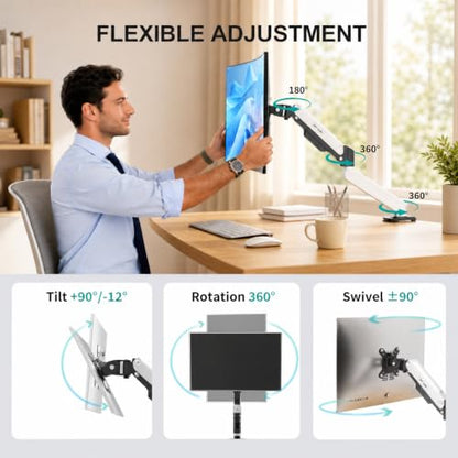 MT-VIKI Single Monitor Arm for 17"-32" Monitors, Gas Spring Adjustable Desk Mount, Quick Release VESA Plate, Full Motion with Cable Management, Clamp & Grommet Base, Supports 4.4–19.8 lbs, White - size: Single Arm