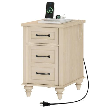 WAMPAT Beige End Table with Charging Station, Narrow Side Table with 1 Drawer &1 Storage Cabinet, Mid Century Modern Nightstand with Power Outlets & USB Ports for Living Room, Bedroom - color: Beige