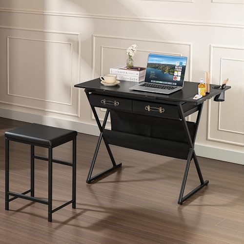 VECELO Drafting Table Art Desk Art Table Adjustable Drawing Table Tilted Tabletop with 2 Storage Drawers and Stool, Drawing Desk for Artist Painters Drawing, Crafting, Reading, Writing, Black - color: Black