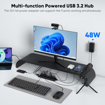 Powered USB C Hub 3.2 11-Port 48W, USB-C 3.2 (10Gbps)*2 + USB-A 3.2 (10Gbps)*1 + USB-A 3.0 (5Gbps)*4 + Power-only Port*4 with 12V/4A Power Adapter High Speed for Laptop PC Phone SSD HDD Flash Drive