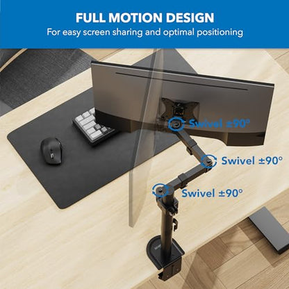 Mount-It! Single Monitor Arm Desk Stand, 19-32" Screens | Full motion height-adjustable tilt arm, VESA 75/100 compatible, C-clamp and grommet base.