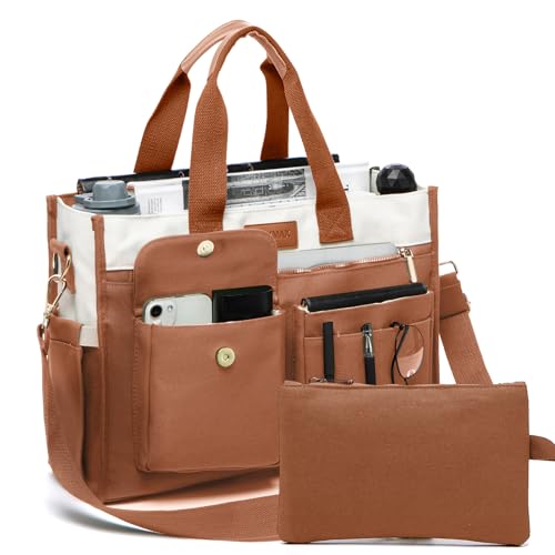 Large Canvas Tote Bag Set for Women, Work Teacher College Travel Shoulder Handbags, Crossbody Laptop Purse - color: Brown/Beige, size: Large - Fits 15.6" Laptop