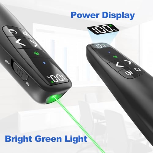 Rechargeable Presentation Clicker with Case, Power Digital Display Wireless Presenter Remote, USB C Green Light Pointer Computer PowerPoint PPT Clickers for Mac Laptop, Slideshow Google Slide Advancer - style: Green Light & Power Display