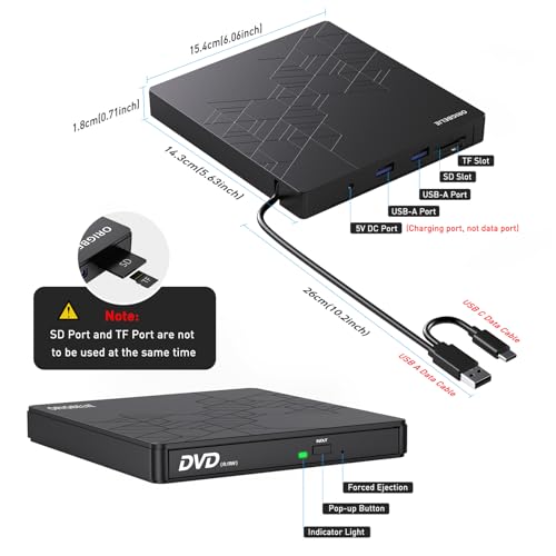 ORIGBELIE External CD DVD Drive, CD Burner USB 3.0 with 2 USB Ports and 2 TF/SD Card Slots, Optical Disk Drive for Laptop Mac, PC Windows 11/10/8/7 Linux OS with Carrying Case - size: 5.98" x 5.5" x 0.6"
