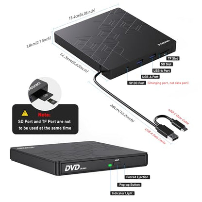 ORIGBELIE External CD DVD Drive, CD Burner USB 3.0 with 2 USB Ports and 2 TF/SD Card Slots, Optical Disk Drive for Laptop Mac, PC Windows 11/10/8/7 Linux OS with Carrying Case - size: 5.98" x 5.5" x 0.6"