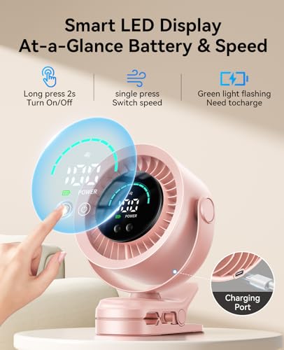 KIMMOO Portable Clip on Fan, 100-Speed Rechargeable USB Fan with LED Display, 360° Rotation & Strong Airflow Desk Fan, Up to 17 Hours Small Battery Fan for Outdoor Travel Camping Treadmill Car (Pink) - color: Pink