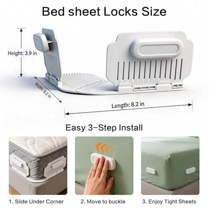 Bed Sheet Holder for Corners, New Upgrade Bed Sheet Grippers Dual-Side Lock Design, 4Pcs Bed Sheet Holders Heavy Duty Sheet Clips Fitted All Mattress Sizes, Lock Sheet Holders Keep Firm (White)