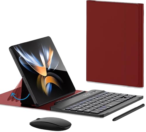 for Samsung Galaxy Z Fold 8 Ultra/8/7/6/5 Keyboard and Mouse, Portable Mini 7.9 inch Bluetooth Keyboard with Leather Stand Case and Pen, 4 in 1 Travel Set for Fold8 Wide Fold7 Accessories - color: Red
