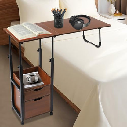 Overbed Table with Wheels, Movable Bedside Table Height Adjustable Over Bed Desk Foldable Rolling Laptop Desk with Drawers for Home & Hospital Use (Black+ Oak Color) - color: Black+ Oak Color