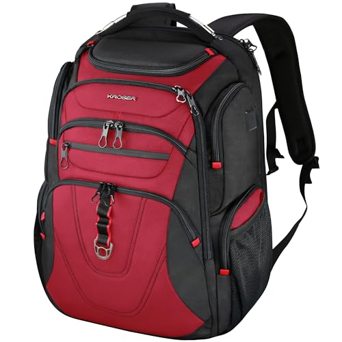 KROSER Travel Laptop Backpack 17.3 Inch XL Computer Backpack for Men/Women | TSA Friendly Travel Water-Repellent College Daypack Business Backpack with RFID Pockets & USB Port Black Red - color: Black/Red-17.3, size: 17.3 inch