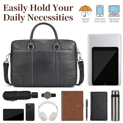 Leather Laptop Bag for Men Briefcase Fits 15.6 Inch Notebook Portable Shoulder Messenger Crossbody Bag for Travel Office - color: 824-black