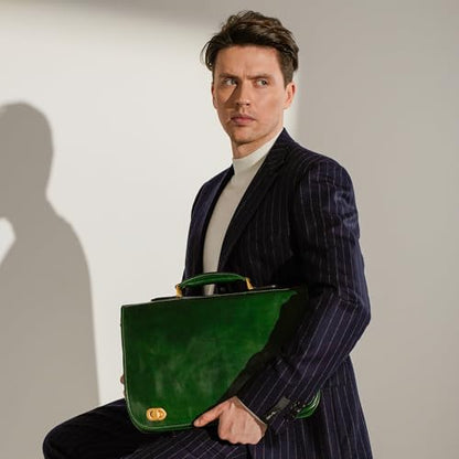 Time Resistance Leather Briefcase for Men - Italian Full Grain Leather Laptop Bag - Messenger Bag - Gift Box Included - color: Green