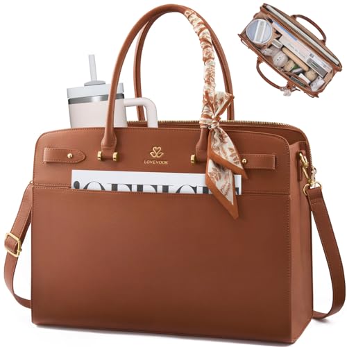 LOVEVOOK Laptop Tote Bag for Women, 15.6 Inch Large Faux Leather Work Bag Waterproof Briefcase Handbag for Teacher Business | Gift - color: Deep Brown-1, size: 17.3 inch