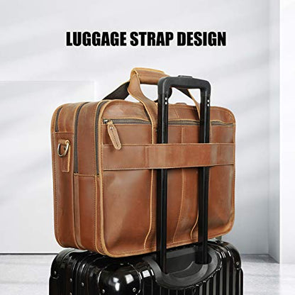 Men's Full Grain Leather Briefcase Large 17 Inch Business Travel Laptop Messenger Bag Tote with YKK Metal Zippers - color: Light Brown