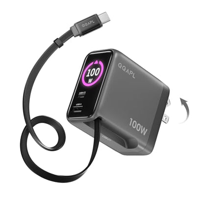 Compact 100W GaN Retractable USB C Wall Charger with Smart Display | Durable Built-in Retractable Cable, Foldable Plug, Compatible Laptop, MacBook, iPhone, Galaxy, Pixel, iPad(Non-Battery)