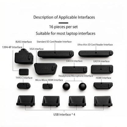 2-Pack 16-in-1 Silicone Dust Plugs for Laptop USB-C HDMI SD and More Black | Soft silicone protects USB-C, HDMI, SD, Ethernet, 3.5mm ports from dust. Snug fit, non-scratch. 2 complete sets, Black - color: Black