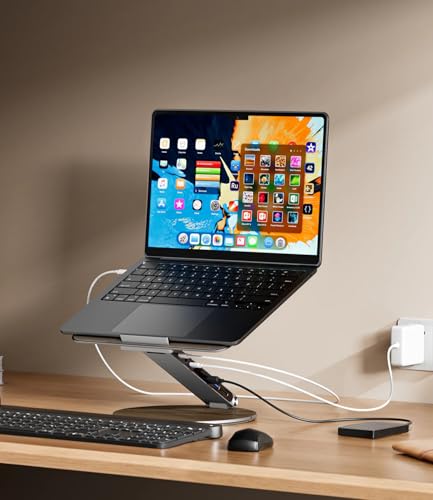 KU XIU Adjustable Laptop Stand with 7-in-1 Hub, Foldable Portable Aluminum Laptop Riser with 360° Swivel Base for Desk, Ergonomic Computer Notebook Stand Holder for All Laptops 10-17"-Gray (Wooden) - color: Wooden