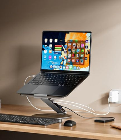 KU XIU Adjustable Laptop Stand with 7-in-1 Hub, Foldable Portable Aluminum Laptop Riser with 360° Swivel Base for Desk, Ergonomic Computer Notebook Stand Holder for All Laptops 10-17"-Gray (Wooden) - color: Wooden