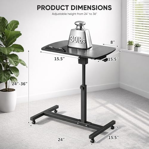 Magshion Tilt Overbed Bedside Table with Wheels, Rolling Laptop Desk with Mouse Table & Height Adjustment from 24" to 36", Sit to Stand Up, Mobile Standing Desk for Hospital Home Office, Black Frame