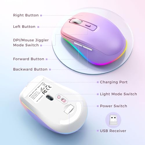 PEIOUS Wireless Mouse Jiggler - LED Wireless Mice with Build-in Mouse Mover, Rechargeable Moving Mouse for Laptop with Undetectable Random Movement Keeps Computers Awake - Purple to Pink - color: Purple to Pink
