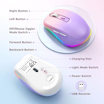 PEIOUS Wireless Mouse Jiggler - Keep Computers Awake, Purple to Pink | Rechargeable LED Mouse, Silent Clicks, Adjustable DPI and Random Movement Keep Computers Awake for Laptop/PC/Mac - color: Purple to Pink