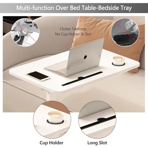 BeGyoku Overbed Table,Over The Bed Table with Hidden Wheels&Cup Holder,Adjustable Bedside Table and Rolling Table Tray&Laptop Cart,Hospital Table Over Bed for Home Use (White) - color: White