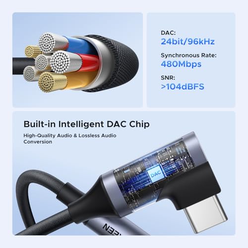 UGREEN Right Angle USB C to 3.5mm Audio Adapter Type C Aux Headphone Jack | 24bit 96kHz HiFi DAC, Braided Cable, Supports Mic In-line Control, Compatible with iPhone 17 16 Pro Max Galaxy S26 Pixel 10
