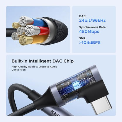 UGREEN Right Angle USB C to 3.5mm Audio Adapter Type C Aux Headphone Jack | 24bit 96kHz HiFi DAC, Braided Cable, Supports Mic In-line Control, Compatible with iPhone 17 16 Pro Max Galaxy S26 Pixel 10
