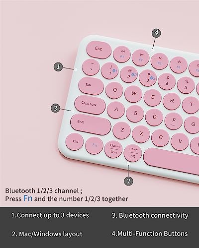 Mini Bluetooth Keyboard, Low Profile Quiet Keys (Pink White) | 78-Key Round Keycaps, Multi-Device Connection for iPad, Tablet, Laptop, PC, Mac - color: PINK WHITE