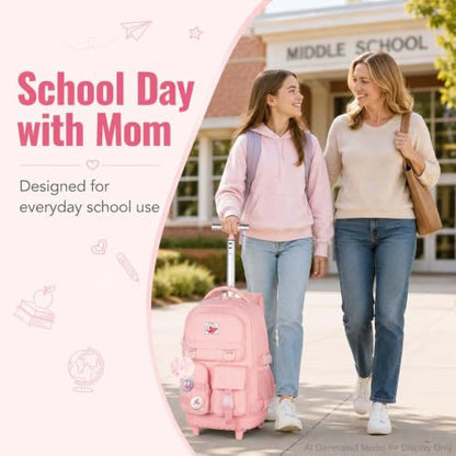 CCJPX Rolling Backpack for Girls Women, 21 inch Roller Wheels School Bookbag, Wheeled Suitcase Backpacks with Lunch Bag for Teen - Pink - color: Pink