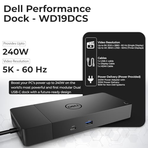 WD19DCS Dell Docking Station Dual Monitor - 4K Display, USB-C Performance Dock with 240W Adapter, HDMI, DisplayPort, USB-C Cables & Cloth (Renewed)