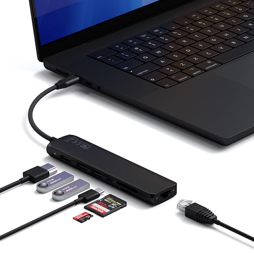 Satechi 7 in 1 USB C Hub Multiport Adapter with Ethernet, HDMI 4K@60Hz, 100W PD Charging, 2X USB-A Data Ports, Micro/SD Card Readers for MacBook Air/Pro/Neo, iPad Air/Pro, Windows - Black - color: Black - Slim PLUS