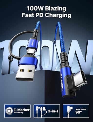 JSAUX 3-in-1 USB-C Cable 2-Pack 10FT, 100W Right-Angle Fast Charging, Blue | Right-Angle Braided Cables with USB-A Adapter, 2 x 10 ft, for iPhone 17/16/15, Galaxy S26/S25/S24, iPad, MacBook, Steam Deck - color: Blue, size: 10FT