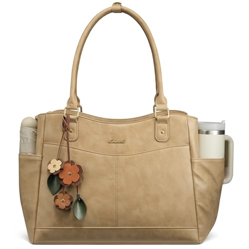 LOVEVOOK Laptop Bag for Women, Vintage Work Tote, Teacher Bag with Pendant | Fits 15.6 Inch Laptop, Magnetic Front Pockets, fits for Large Bottle Pockets, Flower Pendant, Fashion Work Purse - color: Camel, size: 15.6 inch