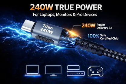 USB C to USB C Cable, 240W Fast Charging Cable | PD 3.1 Cable with Nylon Braided Design & E-Marker Chip | Kave-Series Titan 240