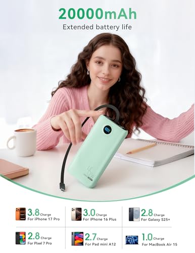 DIAMUAR Portable Charger 20000mAh 45W, Built in USB C Cable, 3W Flashlight | Fast Charging, Digital Display, 3 Ports, All-Day Power, Travel-Ready, for iPhone 17/16/15, Tablet, Laptop, Camping Essentials - color: Green