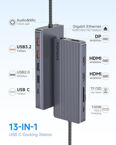 Docking Station Triple Monitors, 13 in 1 USB C Dock with Dual 4k@60HZ HDMI, DisplayPort,100W PD, 3 USB 3.2 Ports, Ethernet, SD TF Card Reader, Audio, USB C Data Port for MacBook/Dell/HP/Lenovo Laptop