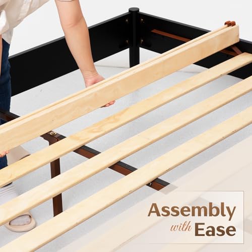 Howizz Lenia Solid Wood King Bed Frame with Headboard, Mid Century Modern Rustic Farmhouse Style, Chevron Diamond Pattern, Solid Acacia Wood Platform Bed, King Size, Golden Brown Black, Noise Free - color: Teak Brown, size: King Bed Frame