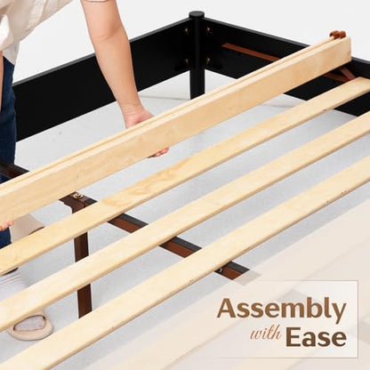 Howizz Lenia Solid Wood King Bed Frame with Headboard, Mid Century Modern Rustic Farmhouse Style, Chevron Diamond Pattern, Solid Acacia Wood Platform Bed, King Size, Golden Brown Black, Noise Free - color: Teak Brown, size: King Bed Frame