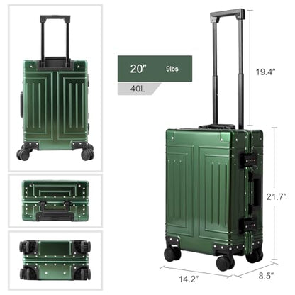 All Aluminum Carry On Luggage，Cut from Whole Aluminum Sheet，22x14x9 Airline Approved ，（3rd Generation，Premium Metal zipperless suitcase ） (green, 20inch) - color: green, size: 20 inch