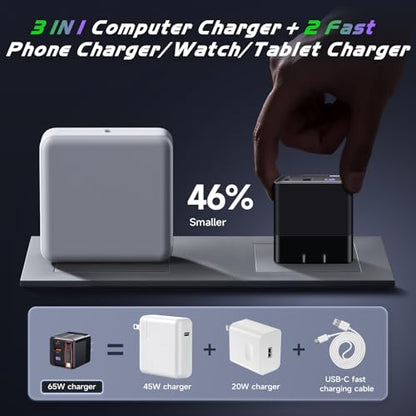 65W Retractable Wall Charger, USB C Charger Block Built-in Type C Cable | Dual Port, PD PPS Fast Charging GaN Power Adapter Travel Charger for MacBook,Lenovo IdeaPad,iPhone 16 Pro Max,Galaxy S24